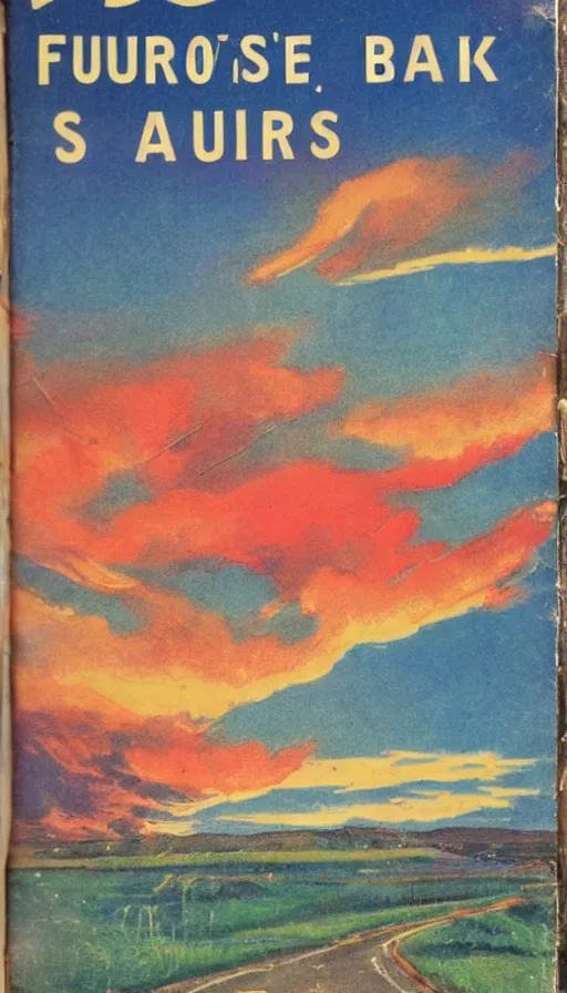 Image similar to paperback book cover. 1 9 5 0 s. pure colors, melting clouds, accurately drawn details, a sunburst above a receding road with the light reflected in furrows and ruts, after rain. and no girls.