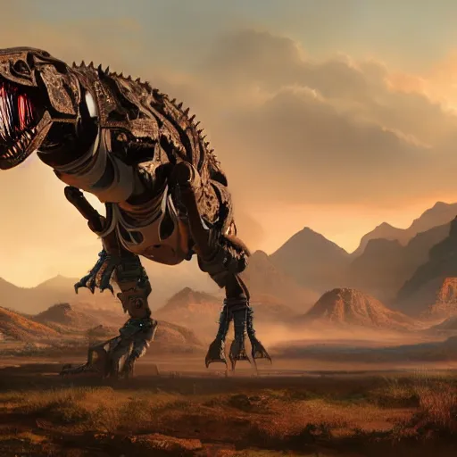 Image similar to an ultrawide photo of a robotic t - rex, horizon forbidden west concept art, highly detailed, 8 k