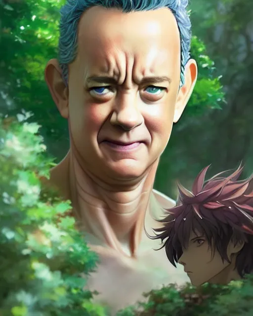 Prompt: character concept art of tom hanks as an anime dryad | cute - fine face, pretty face, realistic shaded perfect face, fine details by stanley artgerm lau, wlop, rossdraws, james jean, andrei riabovitchev, marc simonetti, and sakimichan, tranding on artstation