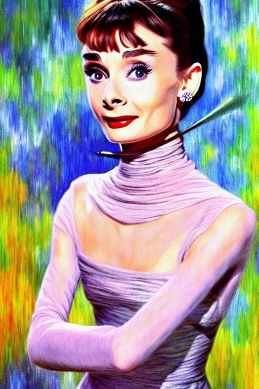 Image similar to impressionism painting of a d & d style retro sci - fi audrey hepburn beautiful face and wearing full detailed clothing