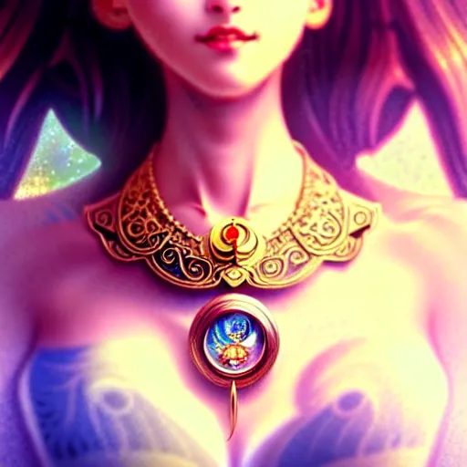 Image similar to a beautiful detailed necklace with a sun, sailor moon aesthetic, fantasy, intricate, elegant, highly detailed, digital painting, artstation, concept art, matte, sharp focus, illustration, art by Artgerm and Greg Rutkowski and Alphonse Mucha