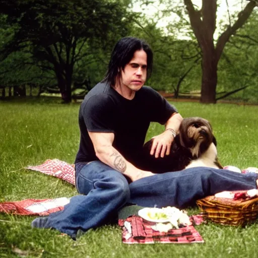 Prompt: glenn danzig and henry rolling enjoying romantic picnic, beautiful day, high resolution,