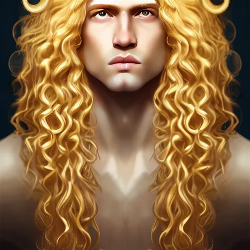 Image similar to the pale blond androgynous male god of the sun, highly detailed, very very very curly golden blond hair, baroque curls, curtain bangs, central parted fringe, extremely luscious curly blond hair, very very very pale white skin, digital painting, artstation, concept art, soft light, sharp focus, illustration