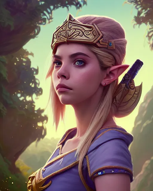 Image similar to highly detailed surreal vfx portrait of ashley benson as princess zelda, stephen bliss, unreal engine, greg rutkowski, loish, rhads, beeple, makoto shinkai and lois van baarle, ilya kuvshinov, rossdraws, tom bagshaw, alphonse mucha, global illumination, detailed and intricate environment