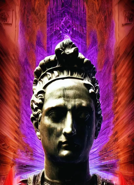 Image similar to dark design poster showing a statue of a roman emperor, black background with very subtle red and purple design elements, powerful, nekro, vito acconci, thin straight lines, dark, glitch art, neo vaporwave, gritty, layout frame, square, extremly detailed, trending on artstation