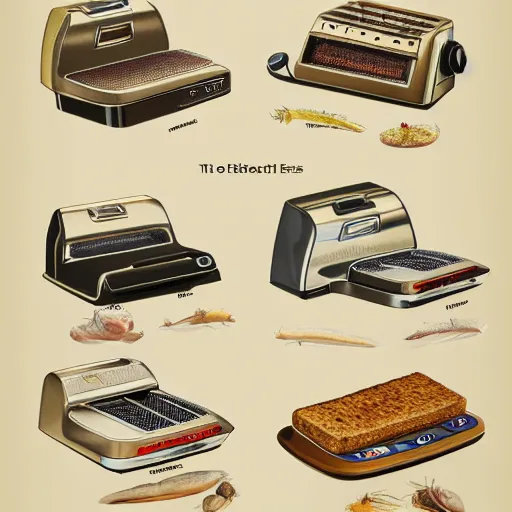 Image similar to an illustrated field guide to different electric toasters showing examples of males and females of each species, biological illustrations, art by john james audubon robert stebbins and terryl whitlatch and david sibley and charles darwin, highly detailed, intricately detailed, 8 k, trending on artstation