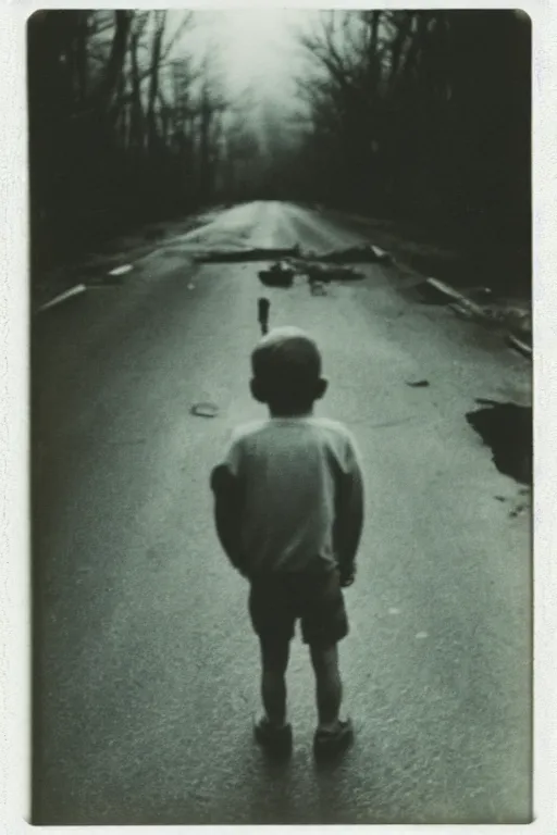 Prompt: photo polaroid of a sad and lonely child in the middle of a road destroyed by bombs ,war, has a gun in his hand, loneliness,, black and white ,photorealistic, 35mm film,