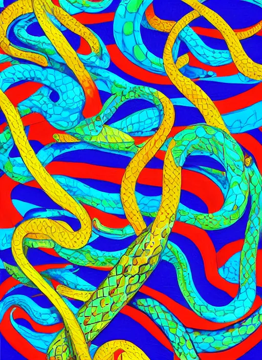 Image similar to snakes on a plane, naive art style by ralph goings, digital art