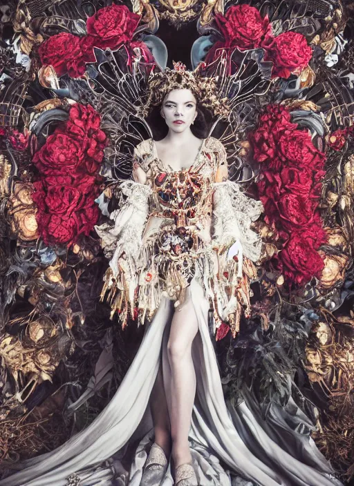 Image similar to full body environmental portrait photo of anya taylor - joy as angel, ornate headpiece made from flowers, ornaments, glamour shot by gemmy woud - binnendijk, chris knight, photorealistic, canon r 3, fashion photography, ornate, elegant, luxury and elite, symmetrical features, octane render, unreal engine, solid dark grey background, dramatic lights