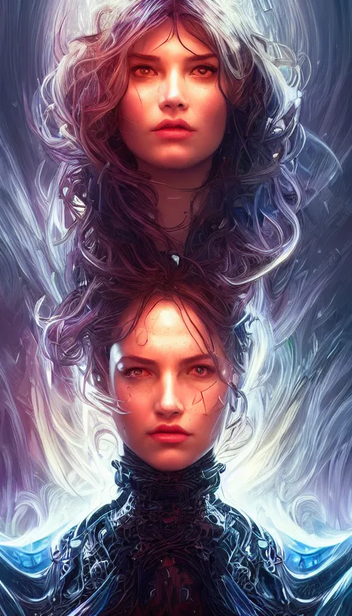 Image similar to furious gorgeous woman, lord of the rings, cyberpunk, neon, fibonacci, sweat drops, insane, intricate, highly detailed, digital painting, artstation, concept art, smooth, sharp focus, illustration, Unreal Engine 5, 8K, art by artgerm and greg rutkowski and alphonse mucha