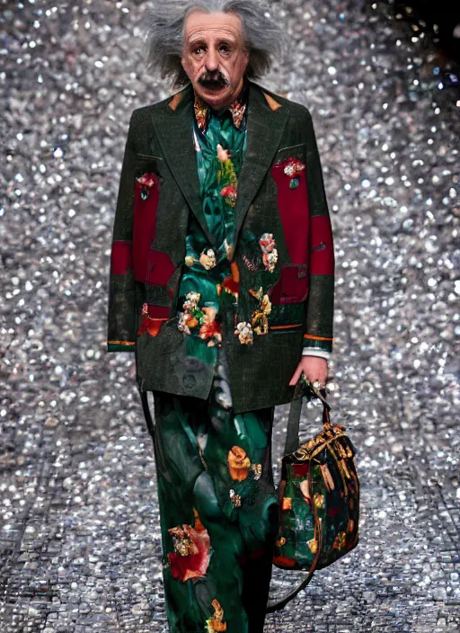 Image similar to hyperrealistic and heavy detailed gucci runway show of albert einstein, leica sl 2 5 0 mm, vivid color, high quality, high textured, real life