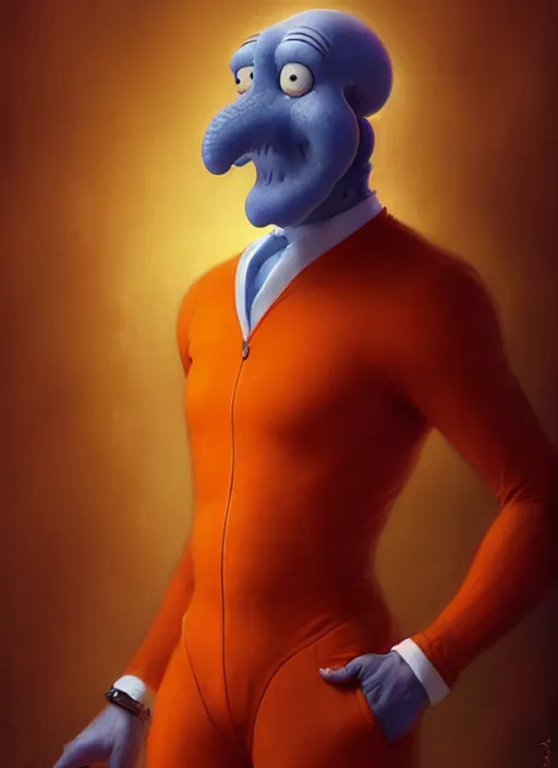 Prompt: A beautiful portrait of handsome squidward in skintight orange suit, digital art by Eugene de Blaas and Ross Tran, vibrant color scheme, highly detailed, in the style of romanticism, cinematic, artstation, Greg rutkowski