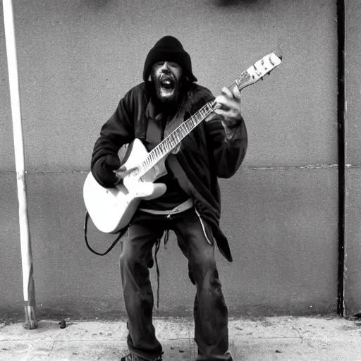 Image similar to A homeless man singing a metal song, black and white.