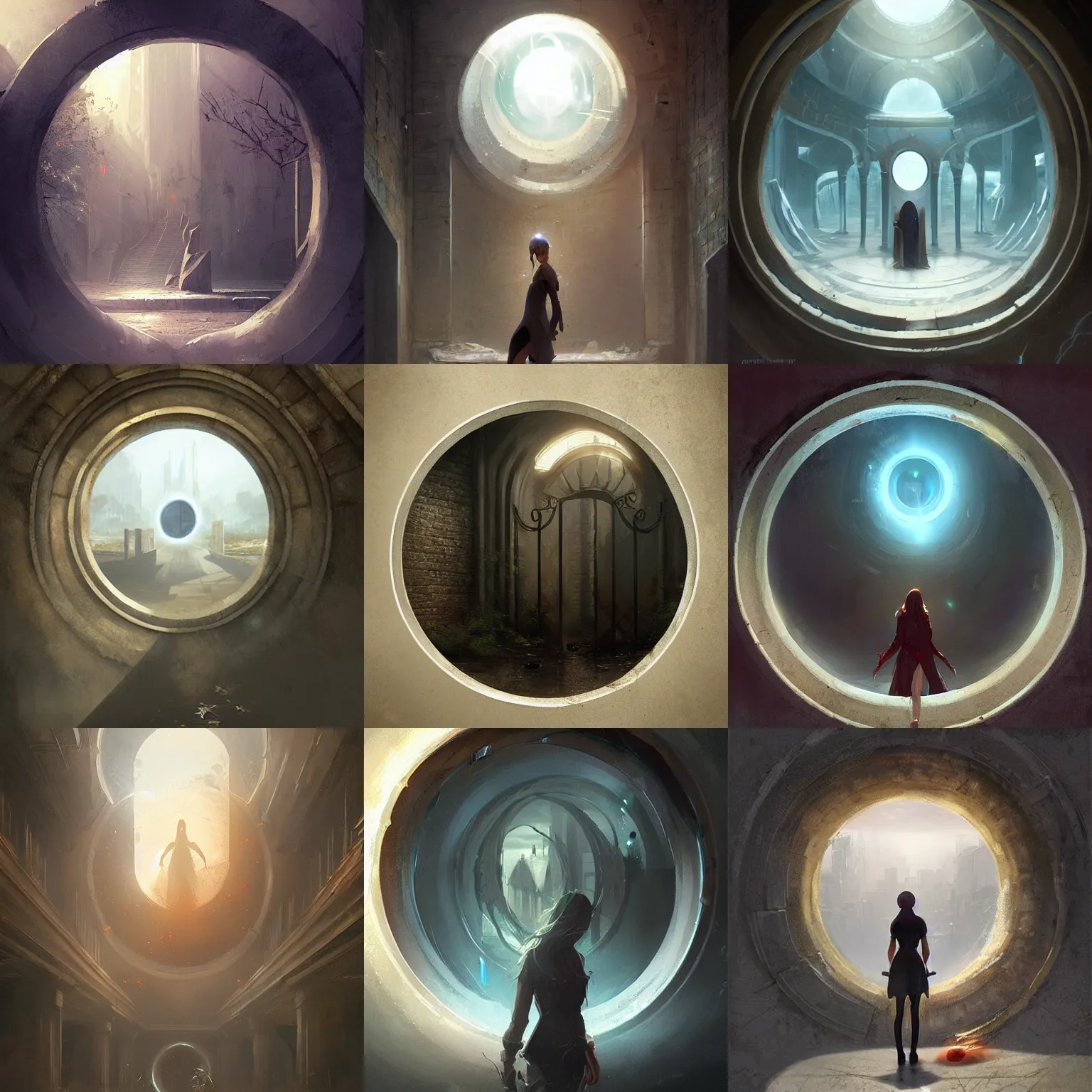 Prompt: wall with a circular magic portal to another world. framed, centralized, ethereal, urban fantasy, smooth, sharp focus, high detailed digital art trending in artstation. artist greg rutkowski