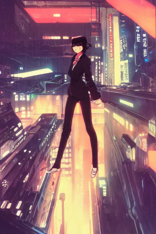 Image similar to Cinestill 800t, 8K, highly detailed, syd mead seinen manga 3/4 extreme closeup portrait, eye contact, focus on blade runner dress model, tilt shift zaha hadid style anime background: famous syd mead anime remake, lab scene