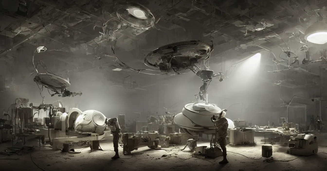 Image similar to engineer repairs secret flying saucer with broke fuse reactor, full of modern military equipment, in the state laboratory full of different tools and electronic machines, high details, volume raytracing fog, back light, reflective ground, by james paick, by ilm, by digital domain, by weta digital
