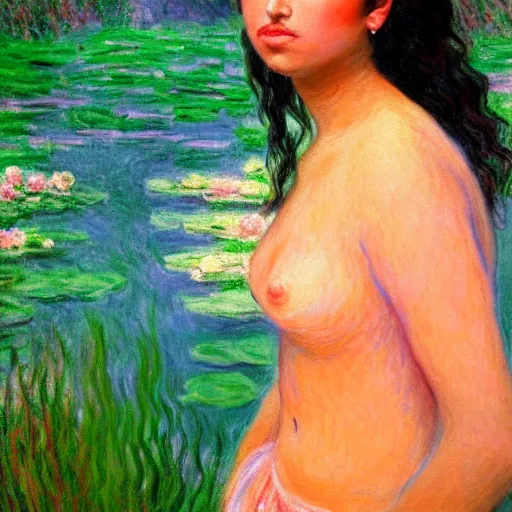 Image similar to beautiful tan mexican woman, landscape, prominent rosy cheek bones, black hair and brown eyes, monet and da vinchi art style,