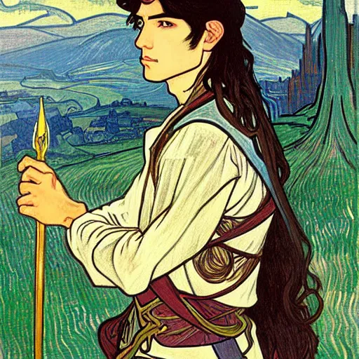 Image similar to painting of young handsome beautiful paladin elf!! man with long! wavy dark hair in his 2 0 s named taehyung minjun at the blueberry party, wearing armor!, long hair, elf ears, elegant, clear, painting, stylized, delicate, soft facial features, art, art by alphonse mucha, vincent van gogh, egon schiele,