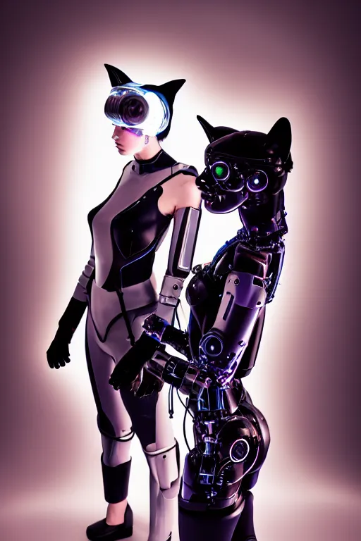 Image similar to cybernetic high tech catgirl with a cybercat on her head, sci - fi, cyberpunk, futurism, exoskeleton, strong artificial intelligence, symmetry, cinematic, elegant, luxury, professional studio light, perfect composition, dlsr photography, sharp focus, 8 k, ultra hd, sense of awe, highly detailed, hyper realistic, intricate, science journal cover