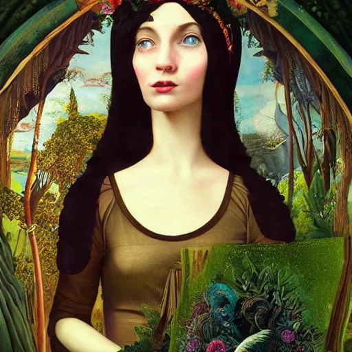 Image similar to a detailed portrait of young woman in renaissance dress and a surreal renaissance headdress, very surreal garden, cyberpunk, surreal tea party, strange creatures, by christian schloe and botticelli, naotto hattori, amy sol, roger dean, moody colors