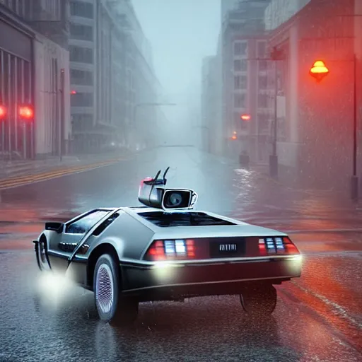 Image similar to hyperdetailed, photorealistic photograph of a dmc 1 2 delorean driving in the streets, rain, night, dense fog, hd, unreal engine 5