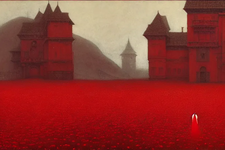 Prompt: only with red, red flowers, a crimson tiger, a castle in the background, medieval demons speak with people, an ancient path, in the style of beksinski, part by hopper, part by rodcenko, part by hofbauer, intricate composition, red by caravaggio, insanely quality, highly detailed, masterpiece, red light, artstation