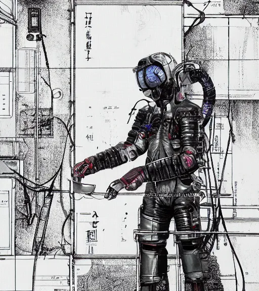 Image similar to realistic cyberpunk japanese engineer with long limbs and a black spacesuit welding a wall, techwear, dead space, visible face, Industrial Scifi, detailed illustration, character portrait, by Martin Grip and Moebius