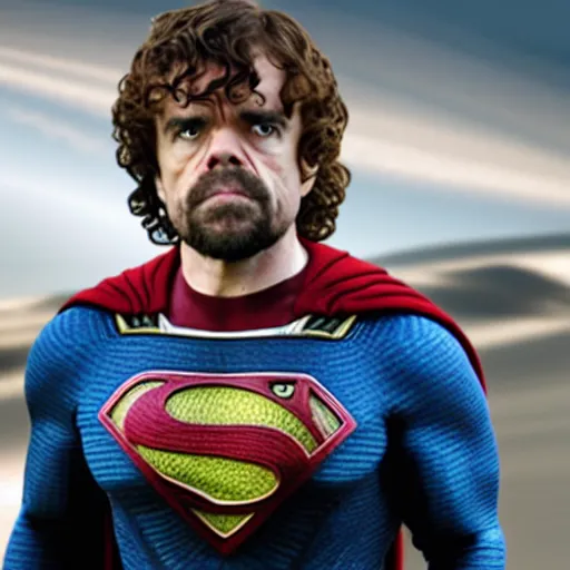 Image similar to stunning awe inspiring peter dinklage as superman, movie still 8 k hdr atmospheric lighting