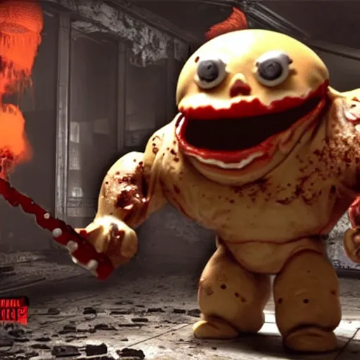 Image similar to burger king kurger bing creepy mascot in gears of war, cinematic shot