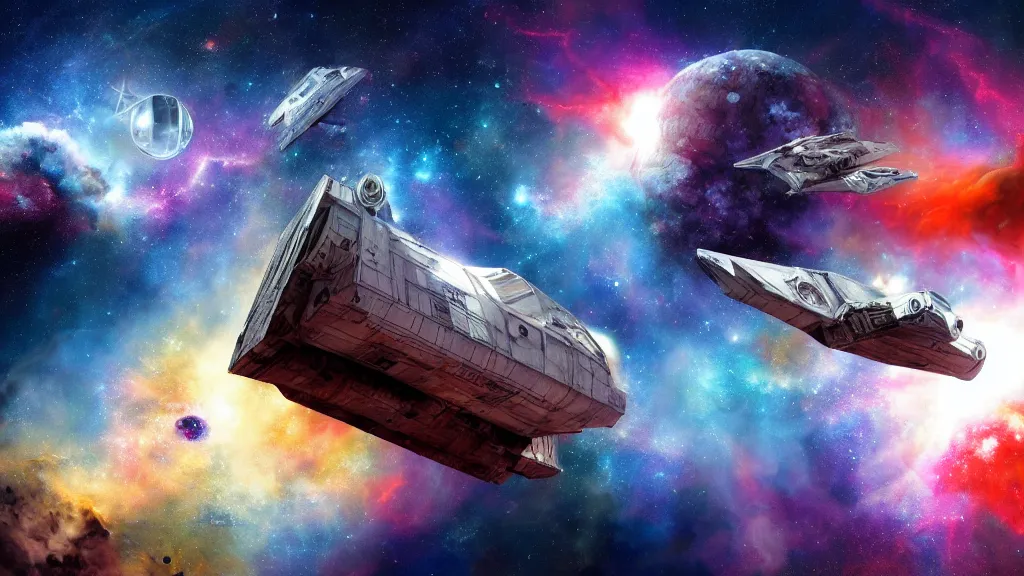 Image similar to a photorealistic concept art painting of a space van flying in front of a nebula, metal with graffiti on the side, still from star wars : a new hope, 4 k hd wallpaper, premium prints available, hyper realistic, trending on artstation