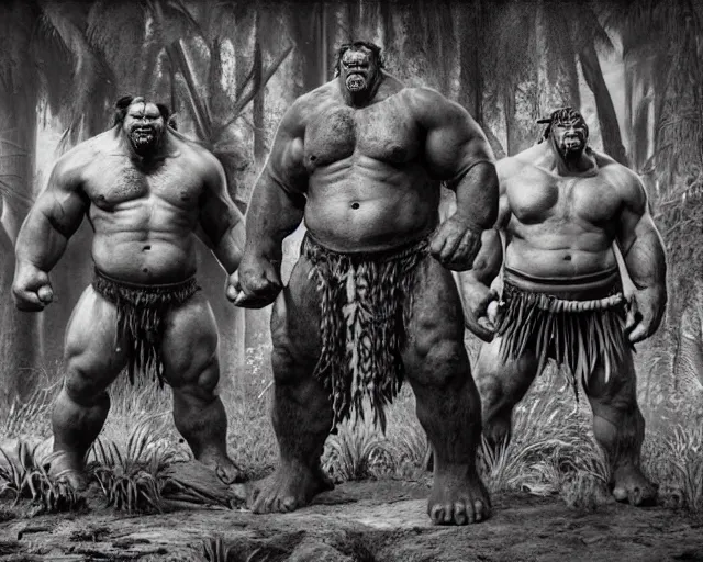 Image similar to hyper realistic group vintage photograph of a live action warcraft orc warrior tribe in the jungle, tall, hulk like physique, detailed faces, tribal paint, tribal armor, grain, old, monochrome, sepia toned, realistic lighting, wide angle