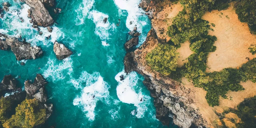 Image similar to nature landscape, aerial view, drone photography, cinematic, mountains and ocean