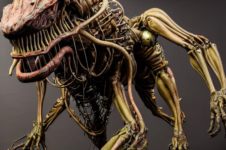 Prompt: wide angle photo taken of an epic intricate, ultra detailed, super realistic gritty, hero prop, exquisitely weathered animatronic movie prop of a lifelike sculpture of a nightmarish hellish alien creature displayed in the workshop, created by weta workshop, full body shot, photorealistic, sharp focus