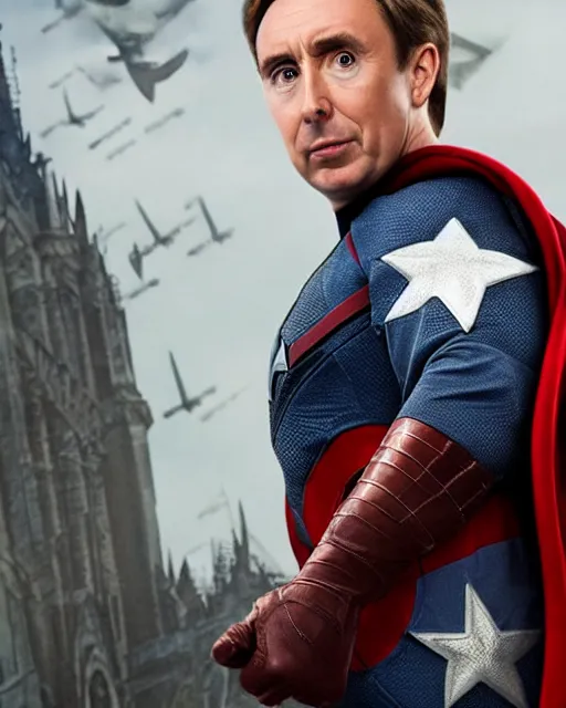 Image similar to film still close - up shot of alan partridge as captain america from the movie captain america : the first avenger. photographic, photography