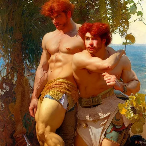 Image similar to attractive muscular mike with ginger hair and muscular attractive ty with brunet hair, drinking their hearts out, boys night out. highly detailed painting by gaston bussiere, craig mullins, j. c. leyendecker, alphonse mucha 8 k