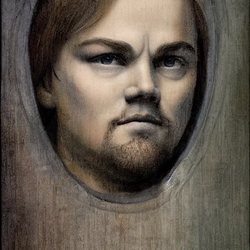 Image similar to dicaprio by davinci, oil canvas