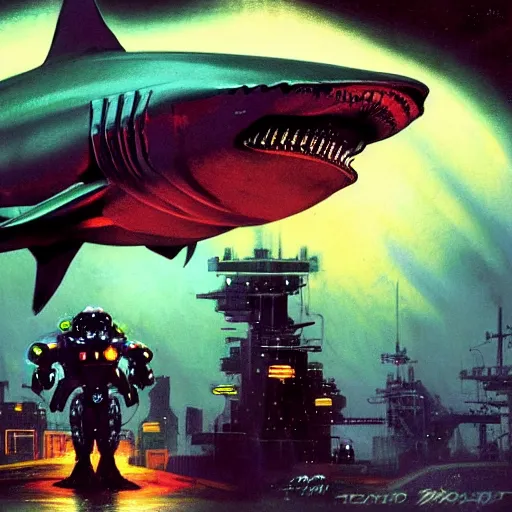 Image similar to a dark and colorful close - up of a sci - fi mecha shark robot with led lights glowing fog in the background. highly detailed science fiction painting by norman rockwell, frank frazetta, and syd mead. rich colors, high contrast, gloomy atmosphere, dark background. trending on artstation