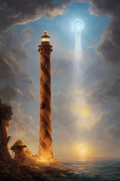 Prompt: Detailed Exterior Shot of The Fabled Lighthouse of Alexandria, light of god, light shafts, flock of birds, stunning atmosphere, in Style of Peter Mohrbacher, cinematic lighting