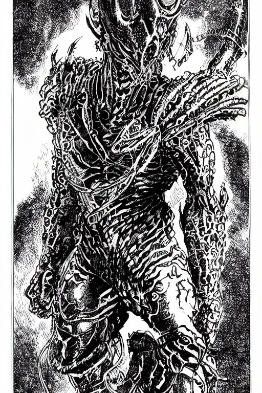 Prompt: the guyver as a d & d monster, pen - and - ink illustration, etching, by russ nicholson, david a trampier, larry elmore, 1 9 8 1, hq scan, intricate details, high contrast