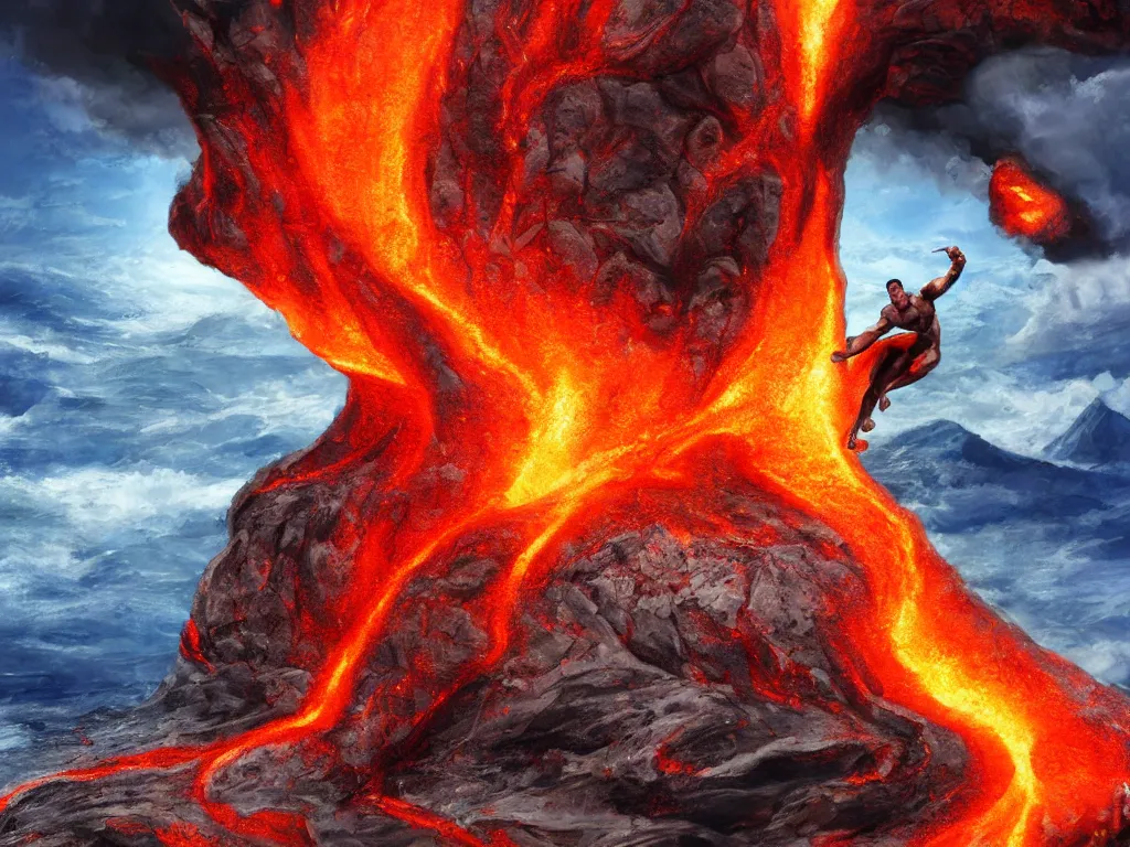 Image similar to arnold schwarzenegger surfing, lava, erupting volcano, muscular, stunning scene, 8 k, extremely detailed digital painting, depth, bright colors, trending on artstation