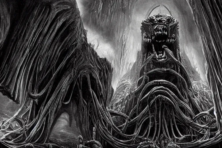 Prompt: a balrog lurking in moria, style of h. r. giger, many columns, mines of moria from the lord of the rings in the style of h. r. giger, directed by ridley scott, dark, cinematic, highly detailed, cinemascope