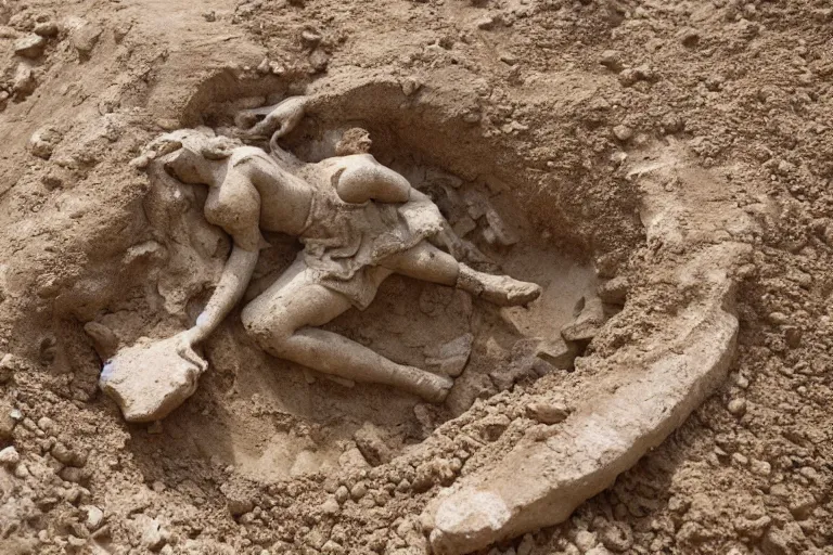 Image similar to Fossilized valkyrie goddess being excavated from the ground. 8k