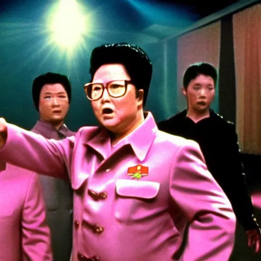 Prompt: A movie still of Kim Jong Il wearing a disco suit in Satuday Night Fever