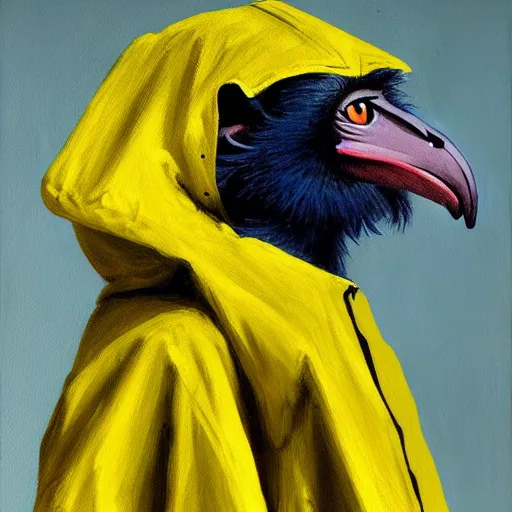 Image similar to long - eared monkey - crow creature wearing a raincoat, tonalist painting, prussian blue and azo yellow, dramatic lighting