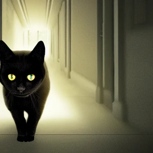 Prompt: a full-body shot of a black void cat with golden glowing eyes at the end of a scary hallway, fairytale, nightmare, hauntingly beautiful, elegant, super detailed, Octane render, reflections