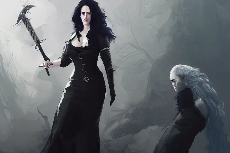 Image similar to A full body portrait of Eva Green as Yennefer from the Witcher 3 Game doing magic by Ruan Jia and Mandy Jurgens and Artgerm and william-adolphe bouguerea, highly detailed, trending on artstation, award winning, H 768