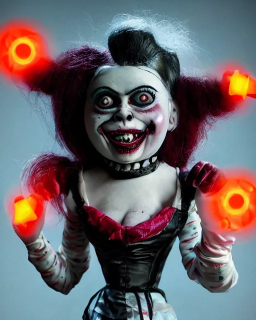 Image similar to film still portrait of a malignant creepy angry grinning confused scary antique filthy victorian porcelain evil clown barbie bride of chucky doll with red glowing eyes wearing a dirty dress, very long black hair, performing in a carnival circus sideshow, action pose, 8k octane render, dramatic lighting, volumetric lighting, high contrast, graffiti, the ring movie, Guillermo del Toro, Craig Mullins, Arney Fretag, Annie Leibovitz, vintage photo from 1890
