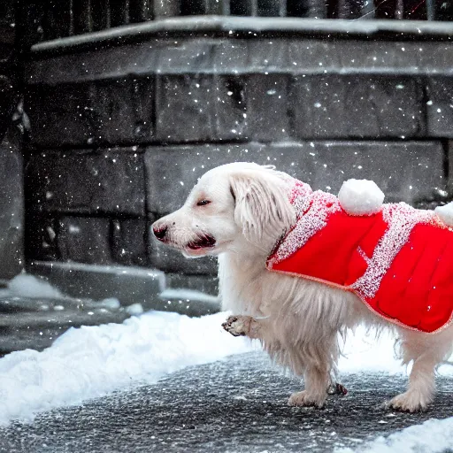 Prompt: detailed picture of a dog playing in the snow dressed as a fish 8 k