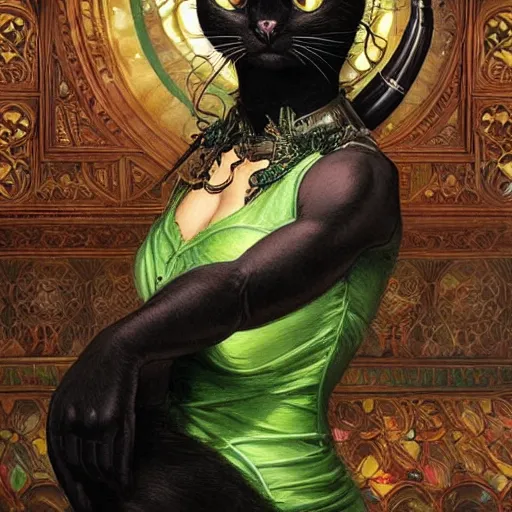 Prompt: black cat with green eyes and a headset sitting infront of a PC screen with a bright background, D&D, fantasy, intricate, elegant, highly detailed, digital painting, artstation, concept art, smooth, sharp focus, illustration, art by artgerm and greg rutkowski and alphonse mucha
