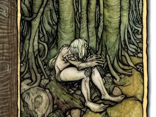 Prompt: troll in a forest by arthur rackham and by Tony DiTerlizzi and by brian froud